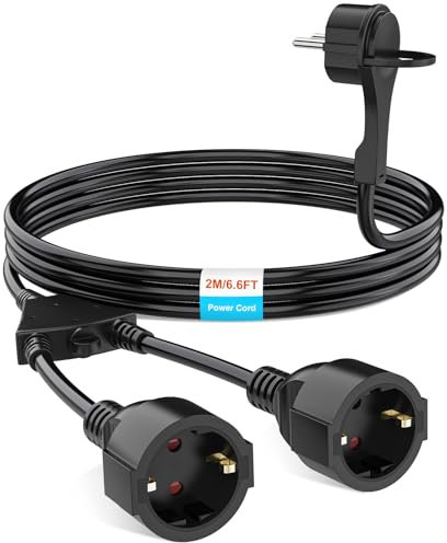 Verlängerungskabel mit 2 Schuko Steckdosen, Verlängerungskabel Flachstecker 2M, Berührungsschutz für Innen, IP20, 1mm², 250 V, 16 A, 3680 W - Schwarz