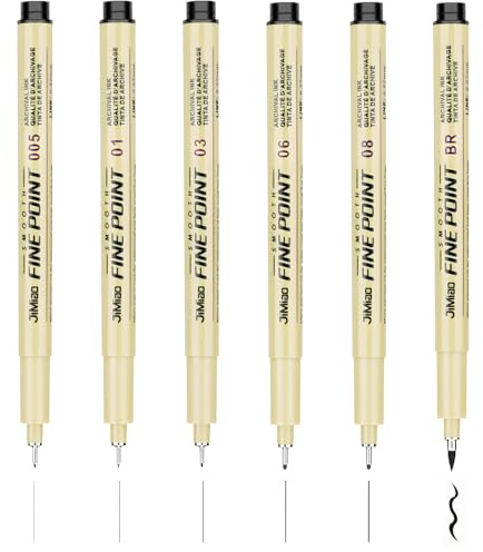 MOTIBACK Fineliner Set Schwarz - 6 Stück Präzisions Fineliner Stifte mit 6 Linienbreiten (0.2-0.5mm) & BR - Wasserfeste Micron Fineliner für Künstler, Handlettering, Skizzieren (0.2-0.6mm)