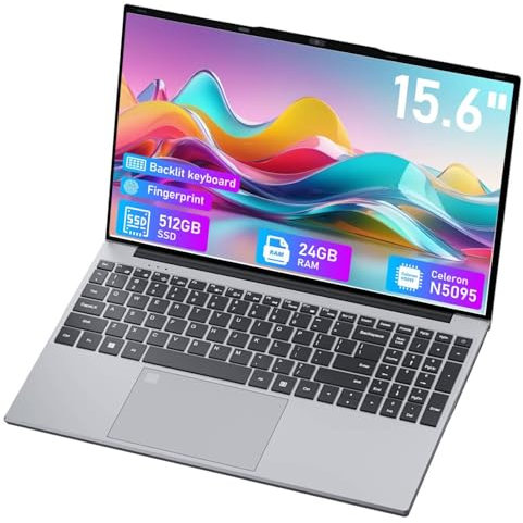 Ordenador Portátil 15.6, Portátiles 24GB RAM 512GB SSD (Ampliable hasta 1 TB), PC Portátil con Quad Core N5095,FHD 1080P, Laptop Win11 Pro, Wi-Fi 5G, USB 3.0*2, Retroiluminacióncon con Touch ID
