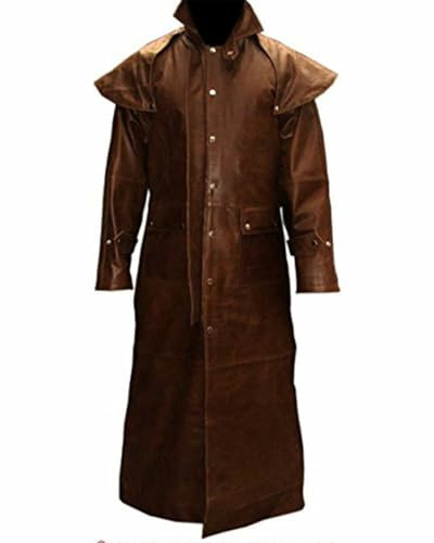 Mens Brown Leather Steampunk Trench Coat – Long Duster Jacket – Gothic Style Coat For Men (UK, Alpha, M, Regular, Regular, Standard, Brown)