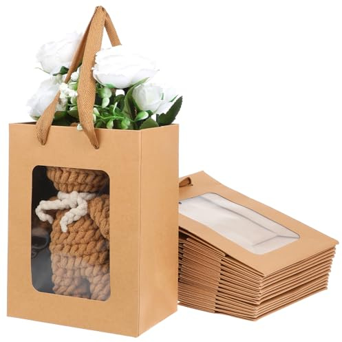 20 Stück Papiertüten mit Fenster, Braune Kraftpapier Tüten 20 x 15 x 10 cm, Geschenktüten für Hochzeit, Party, Geburtstag, Feste, Weihnachten, Halloween Krafteinkaufstaschen mit Griffen
