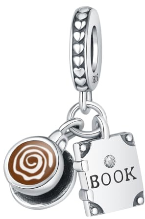 Buch & Kaffeetasse Anhänger Charm, 925 Sterling Silber Charm Armband Zubehör, Kompatibel mit Pandora Armband Halskette