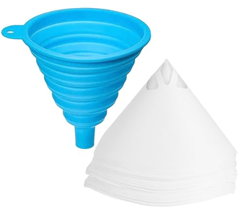 Czdtq 50 Pcs Paper Paint Filters and 1 Pcs Silicone Funnel, Disposable Paint Strainers, 190 Micron Nylon Mesh Cone 3D Resin Paper Filters for Automotive Spray Guns Arts, Art Painting, Cooking Oil