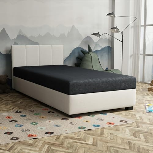 TAPCZANY24 - Boxspringbett Adel 90x200 cm mit Bonell Matratze | Bett mit Matratze, Polsterbett mit Bettkasten, Gepolstertes Einzel Bett, Schlafsofa - Weiß mit schwarzer Matratze