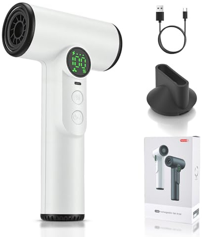 Pro - Secador de pelo inalámbrico con batería de 15600 mAh, 100 temperaturas y velocidades, secador de pelo portátil con pantalla digital para camping, viajes, hotel, color blanco