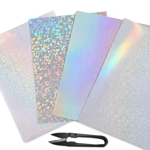 12 Pcs A4 Holographic Sticker Paper, Self Adhesive Clear Overlay Film | Glitter Rainbow Laminate, DIY Crafts Cricut Compatible, Waterproof Transparent Sparkle, Scrapbooking Cards Labels Decor Gift