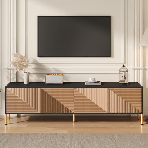 Merax Meuble TV 179 x 35 x 53,5 cm, meuble TV moderne en noir et doré, 4 compartiments fermés, portes sans poignée, pieds en métal, meuble de salon, noir et naturel