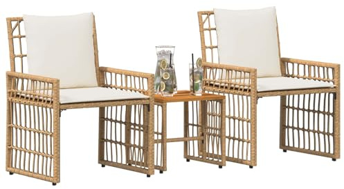 vidaXL Gartenmöbel Set 3 pcs Natürlich und Cremweiß, Garten und Terrasse, Rustikaler Außenstil, Wetterbeständiges Lounge-Set, Poly-Rattan-Sitzgelegenheiten, Akazienholz-Tisch, Langlebiges Design