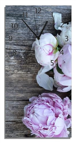 Wallario Design-Wanduhr, Acrylglasuhr Größe 30 x 60 cm, Schwarze Zeiger, Motiv Pinke Blumen auf Holz