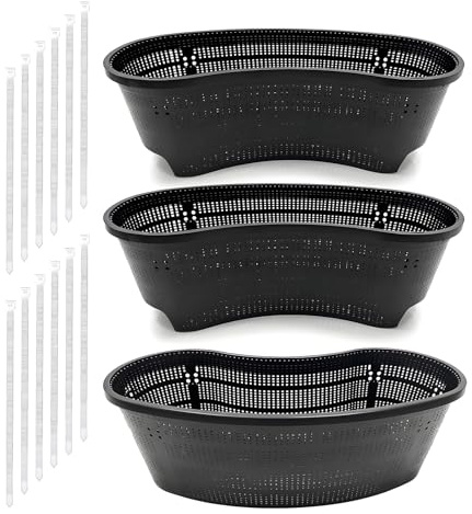 FEZEDA 3 Pack 18 Inch Kidney Shaped Pond Plant Baskets, Slotted Mesh Aquatic Pots for Water Lily, Hydroponics & Water Gardens, with Nylon Cable Ties
