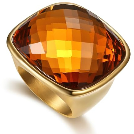 Chunky Square Cushion-Cut Crystal Glass Statement Ring, Gold-Tone Plated Stainless Steel Band, Oversized Geometric Cocktail Prom Jewellery for Women Men, 2.8cm Faceted Stone