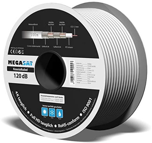 Megasat Koaxialkabel 120 dB – 100 m Spule – Antennen-/Satkabel (120 dB Schirmmaß, 4-fache Abschirmung, CCS, Außenmantel Ø 7,2 mm)