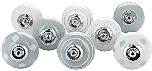 G Decor Grey and White Handmade Assorted Designs Ceramic Door Knobs, Vintage, Shabby Chic, Interior Furniture, Cabinet Cupboard Wardrobe Drawers Pulls Handles (8-Pack)