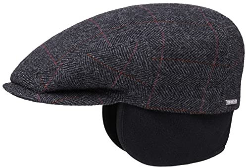 Stetson Kent Ohrenklappen Flatcap Herren - Schiebermütze mit Klappen für Ohren - Flatcap mit Fischgrätmuster - Ohrenmütze Herbst/Winter - Schirmmütze anthrazit 61 cm
