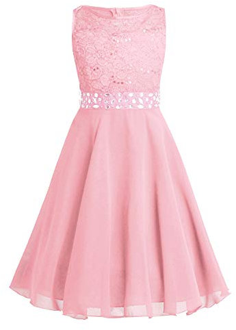 TiaoBug Fille Princesse Robe en Dentelle à Paillettes Strass Robe Soirée Cocktail Mariage Cérémonie Demoiselle d'honneur Robes de Carnaval Fête 2-16 Ans Rose Perle 12 Ans