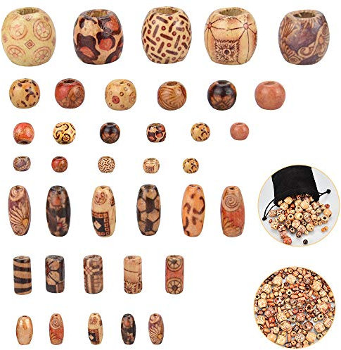 GOLRISEN 400 Stück Holzperlen Natur Holz Perlen Basteln Gemalt Bastelperlen zum Auffädeln HolzKugeln mit Loch Verschiedene Formen Hair Beads mit Schmucktasche für Schmuck DIY (7 Arten von Perlen)