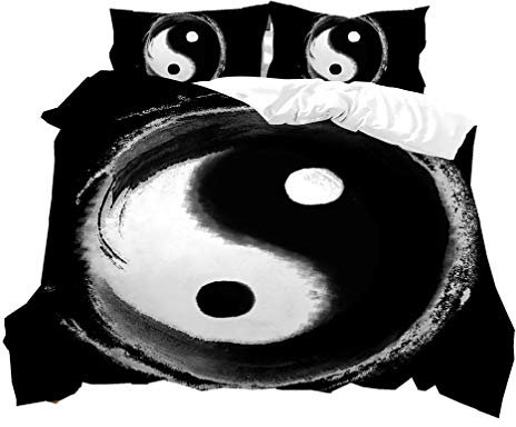 Yin Yang Bettwäsche Set Tai Chi Drachen Fisch Mandala Schwarz Weiß Kunst 3D Blumen Druck Bettbezug 2/3 Stück Tier Aquarell Bett Set Bettdecke Quilt (Style 3, 135 x 200 cm)