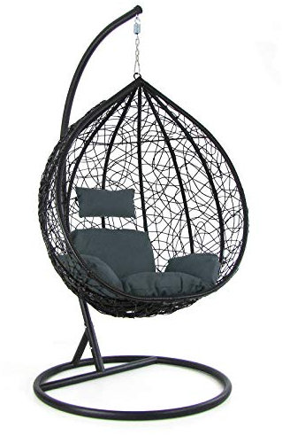 RAMROXX Luxus Hängesessel Schaukel Korb Polyrattan mit Gestell Schwarz Kissen Grau XXL