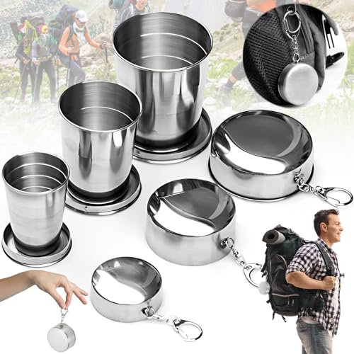 dcas 3 Pezzi Tazza Pieghevole In Acciaio Inox Bicchiere, Tazza Da Viaggio Telescopica, Coppa In Metallo Da Campeggio, Tazza Portatile Da Esterno In Acciaio Inox Con Portachiavi, 75 Ml/150 Ml/250 Ml