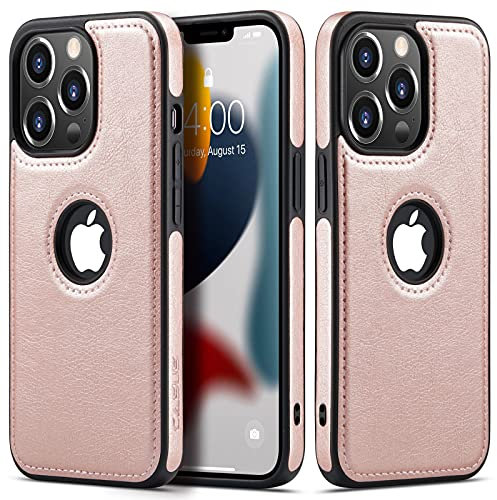 Casus Logo View Kompatibel mit iPhone 13 Pro Hülle Slim Premium Veganes Leder Klassisch Luxus Elegant Dünn Cover (2021) 6.1 Zoll (Rose Gold)