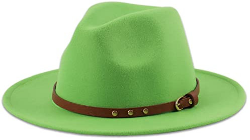 Koreshion Klassischer Fedora-Hut mit breiter Krempe und Gürtelschnalle aus Wolle und Panama-Filz, Grün , Einheitsgröße