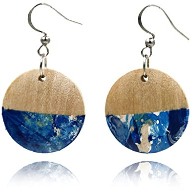 Fait à la Main Ronde Boucles d'Oreilles Pendantes Bois Bijoux pour Femme (Style 11 - Bleu et Blanc)