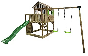 MASGAMES | Box per bambini Lollipop con altalena | Casetta rialzata con scivolo | Scala di facile accesso | Parete di arrampicata | Legno trattato per esterno | Altalena a due posti | (L)