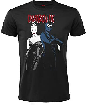 Sabor srl T Shirt Diabolik Ufficiale Modello Diabolik ed Eva. Stampa Frontale. Maniche Corte. 100 Cotone. Unisex. Nera. Taglie da Adulto Ragazzo. (XS)