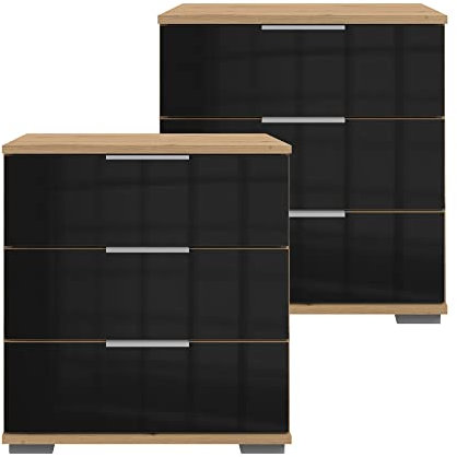 Lomadox LA43-482718 - Schlafzimmer 2er Set Nachttisch Nachtschrank für Boxspringbett in Artisan Eiche Nb. mit schwarzem Glas ELSTRA-43, B/H/T ca. 52/58/38 cm