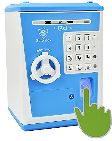 Kids Safe Bank with Fingerprint Password Talking ATM Piggy Bank for Real Money Toy Gift for 6-14 Years Old Boys Girls (Blue/White)