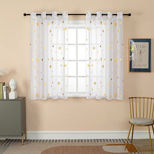 GIRASOLE HOME® 1 Paar Voile Filtervorhänge Muster goldene Sterne Vorhang Weiß für Innenraum mit Ösen 2 Paneelen (Sterne Gold, 140 x 145 cm)