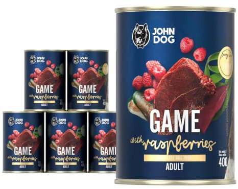 JOHN DOG Nassfutter für Hunde Berry Line Wildschwein mit Himbeeren - Getreidefrei Hundefutter mit Superfoods und 96% Fleisch & Innereien - für Erwachsene Hunde 6 x 400g