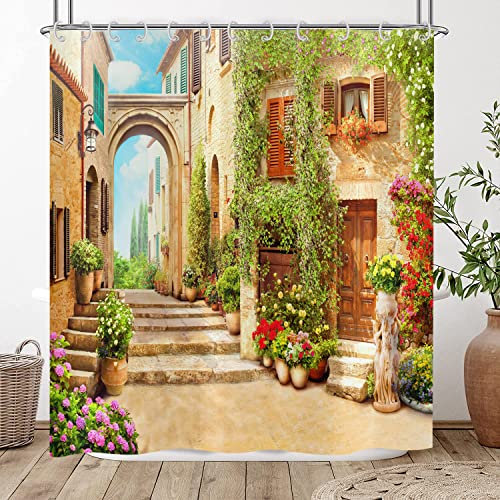 Hnmdmyi Duschvorhang 3D 150x180, Garten Floral Landschaft Straße Allee Bild Duschvorhänge Italien Outdoor Blumen Ansicht Badewanne Vorhang Wasserdicht Polyester Stoff Waschbar Badevorhang mit Haken