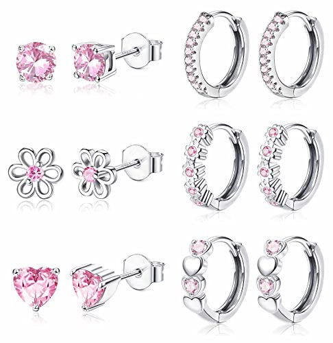 JeweBella 6 Paar Kleine Ohrringe Set für Damen Mädchen 925 Sterling Silber Pin Hypoallergen Sleeper Knorpel Ohrstecker Blume Herz Creolen Rosa Lila Blau Ohrringe Set für Kinder Frauen