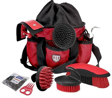 Harrison Howard Pferdepflegebürsten-Set, 7-teilig, mit Organizer, Tragetasche, Pferdepflegeserie, Pferdebürsten-Set, Rot