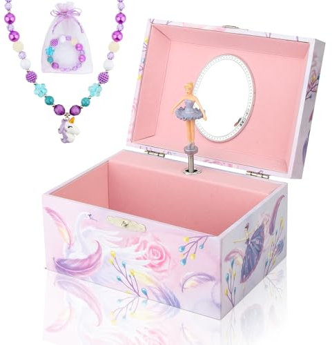 Homtibrm Schmuckkästchen mit Spieluhr für Mädchen mit Einhorn-Schmuckset, Kinder-Schmuckkästchen Musikkästchen mit sich drehenden Ballerina, Ballerina Schwanensee