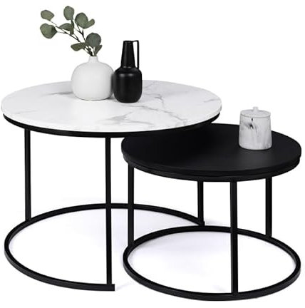 IDMarket - Lot de 2 Tables Basses gigognes Alaska Rondes 54/70 Effet marbre et Noir Pieds métal