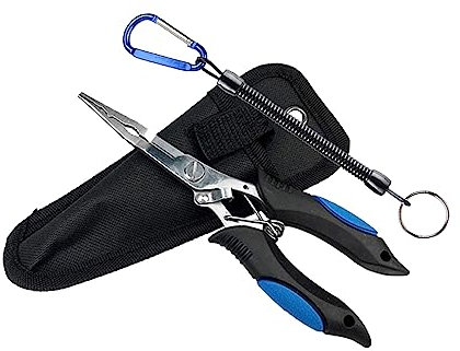 Pince de pêche à long nez en acier inoxydable avec lanière pour pêche en eau douce et salée, cadeaux pour homme Bleu