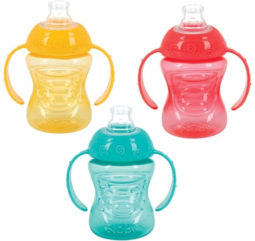 Nuby 3 Pack Two Handle No Spill Toddler Sippy Cups - Toddler Cups Spill Proof with Easy and Firm Grip - BPA Free Toddlers Cups - Aqua, Yellow, Coral