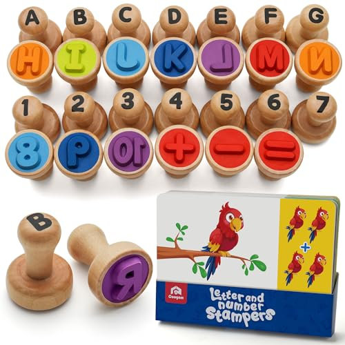 Coogam Holzbuchstaben mit digitalen Siegeln, ABC Schreibbuchstaben Siegel und Mathematik Lernen mit digitalen Siegeln Kunst und Handwerk Lieferungen, Montessori Bildungspielzeug Geschenk 3-4-5 Jahre