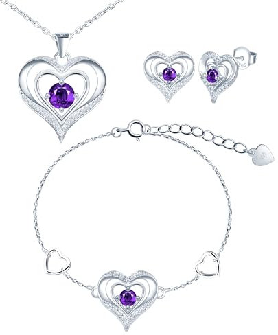 CONILOK Damen Schmuck Herz Kette Armband Ohrstecker Silber 925 Sets Zirkon Love Charms Anhänger Halskette Geschenke für Frauen Freunde Geburtstag Weihnachtstag Valentinstag Lila