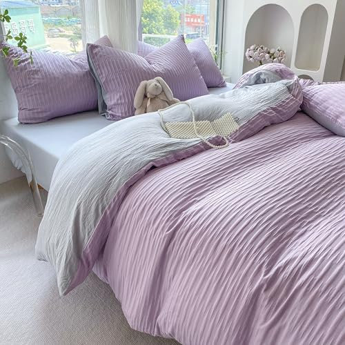GETIYA Einfarbig Bettwäsche 135x200 4Teilig Weich Seersucker Bettwäsche Lila Hellviolett Unifarben Bettbezug Damen Mädchen Bettwaesche Doppelbett Mikrofaser Bettbezug mit 2 Kissenbezug 80x80