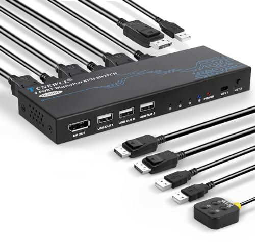 TCNEWCL Commutateur KVM Switch DisplayPort 4 ports, 4K 60 Hz DP USB KVM Switch pour brancher 4 PC sur 1 Écran Souris Clavier Souris, avec 4 Câble DP et 4 Câble USB