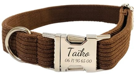 Collier Chien Personnalisé Velours Côtelé (M, Marron)