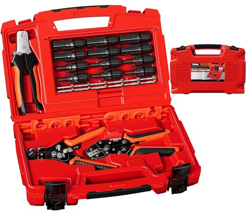 PEBA Set di Pinze Crimpatrici per Pannello Solare 1,5-6,0 mm², Cavo PV, Con Spina, Spelafili, Tagliacavi, Chiavi e Cassetta Degli Attrezzi
