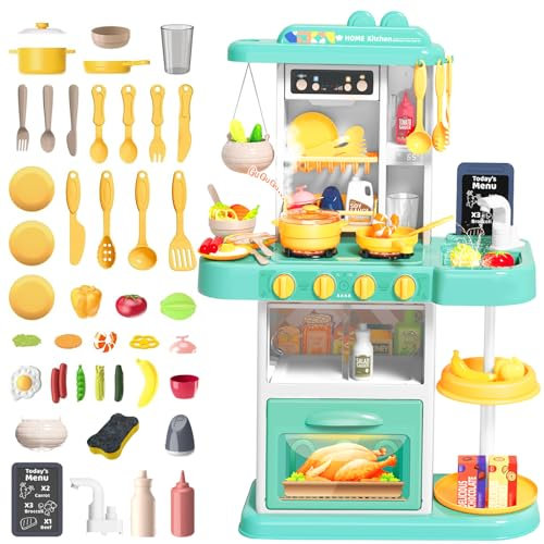 deAO Kinder Küche Spielküche mit Licht und Sound, Inkl 54PCS Kinder Küchenset Spielküche, Spüle, Backofen, Induktionsherd, Kaffeekocher, Dessertständer, Spielset Geschenk für Kleinkinder (Grün)