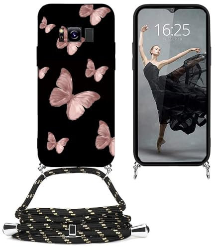 EuoDuo Kompatibel mit Samsung Galaxy S8 Plus Hülle mit Band Handyhülle Handy Kette Schwarz Silikon Muster Motiv Schutzhülle Kordel zum Umhängen Necklace Halskette Cover - Rosa Schmetterlinge