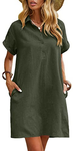 Zeagoo Women's Summer Linen Dress Casual Midi Dresses Short Sleeve Beach Tunic Dress for Ladies Army Green M