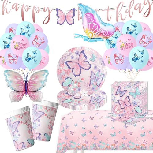 Juego de Vajilla de Fiesta de Mariposa - Decoración de Cumpleaños Infantil Con Platos, Servilletas, Taza, Mantel, Globo de Aire, Pancarta para 10 Invitados