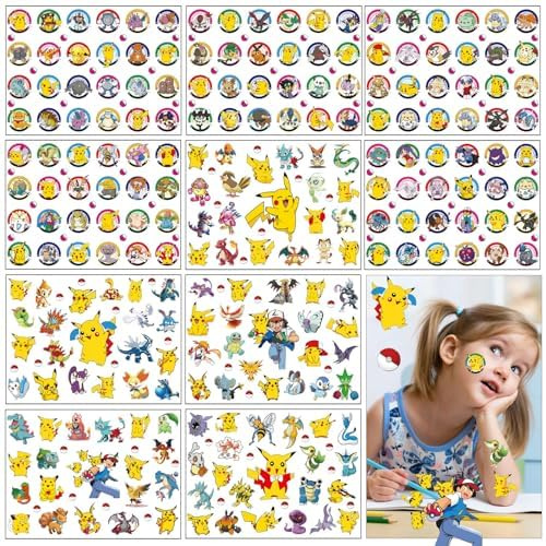 Pocket Monster Tattoo, 10 Blätter Temporäre Kinder Tattoos, Hautfreundliche Tattoos Kinder für Mädchen Jungen Geburtstagsgeschenke Festival Party Deko, Mitgebsel Party Kindergeburtstag